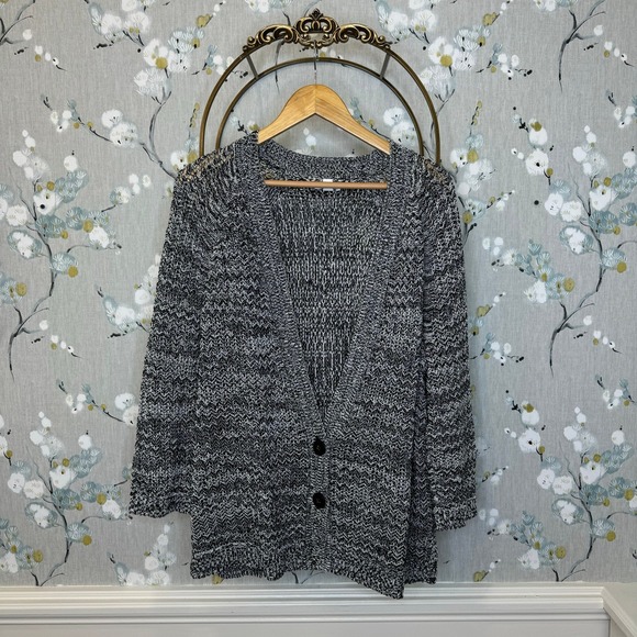 J. Jill Sweaters - J Jill Black and White 3/4 Sleeve Length Button Up Cardigan - Size Large